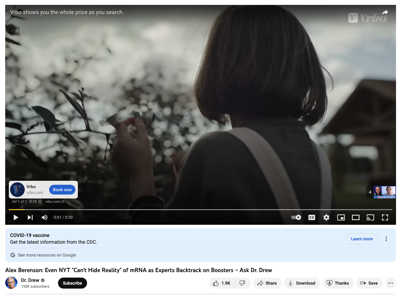 Screenshot of Dr. Drew YouTube video with Alex Berenson that is monetized