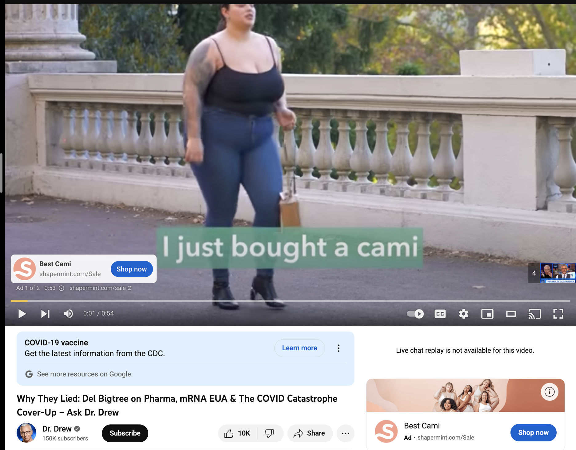 Screenshot of Dr. Drew YouTube video with Del Bigtree that is monetized