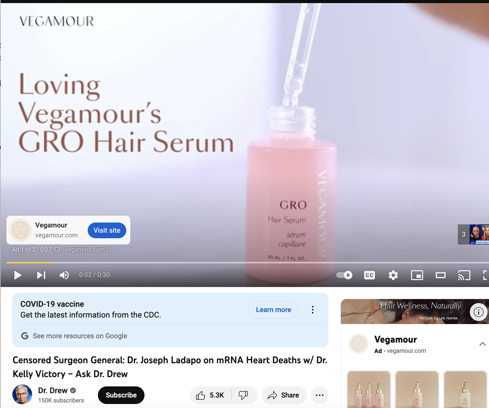 Screenshot of Dr. Drew YouTube video with Dr. Ladapo that is monetized