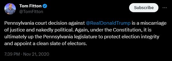 Tom Fitton claiming legislators should appoint Trump electors