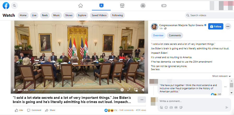 A screenshot of a the edited clip of Biden shared to Marjorie Taylor Greene's Facebook page