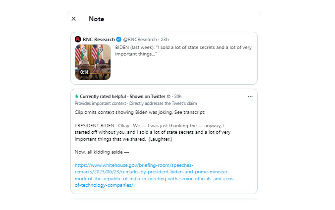 A screenshot of the community note added to the tweet from the RNC