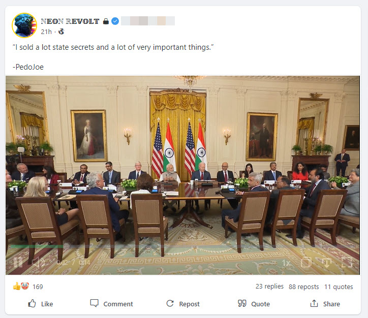 A screenshot of a Gab post from Neon Revolt about the misleading clip of Biden