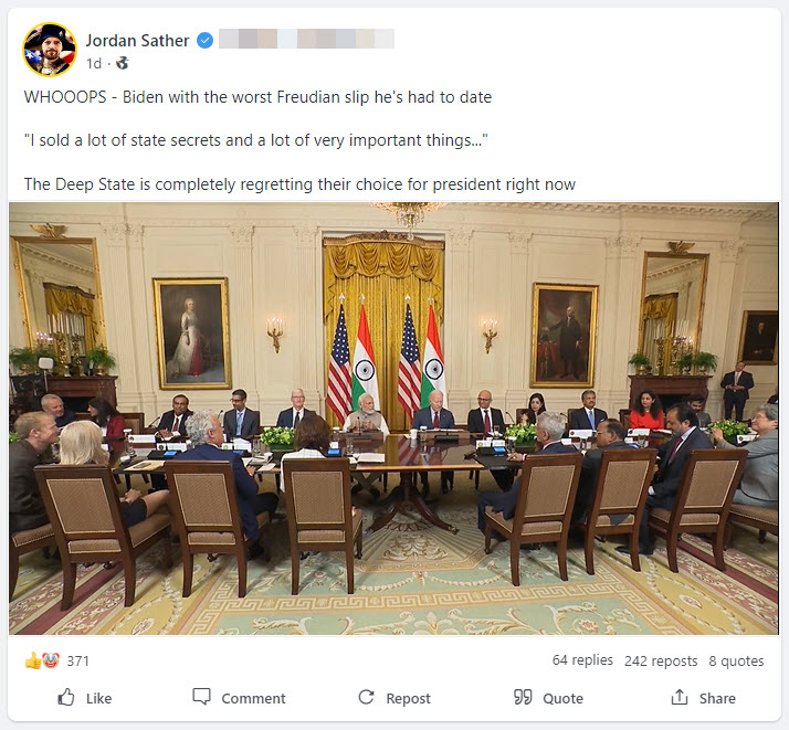 A screenshot of a post from Jordan Sather of the misleading clip of Biden