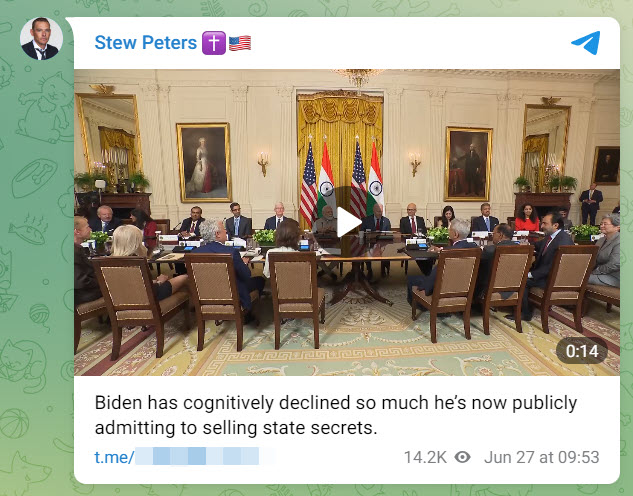 A screenshot of a Telegram post from Stew Peters about the misleading Biden clip