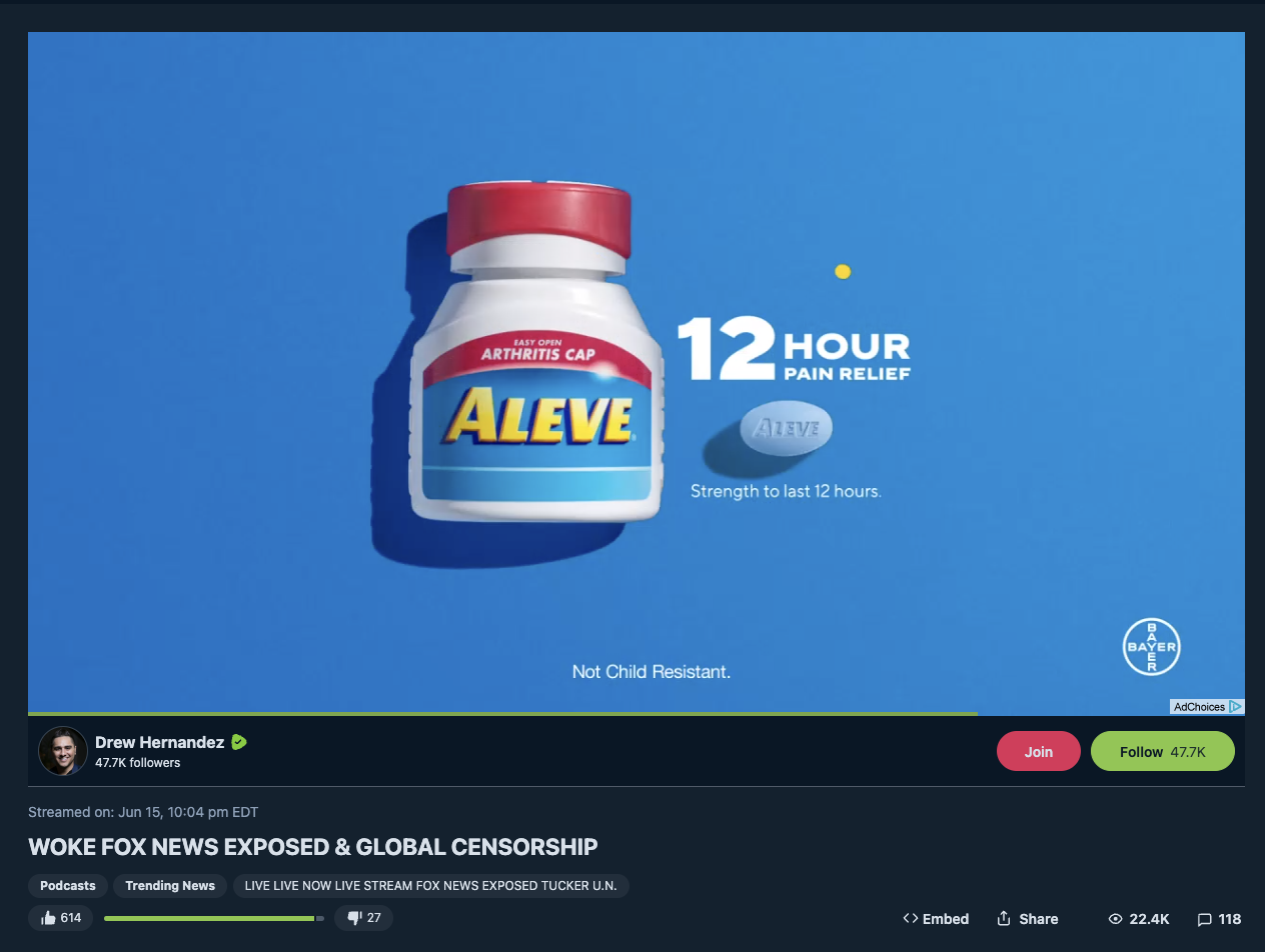 Aleve ad on anti-LGBTQ Drew Hernandez Rumble video