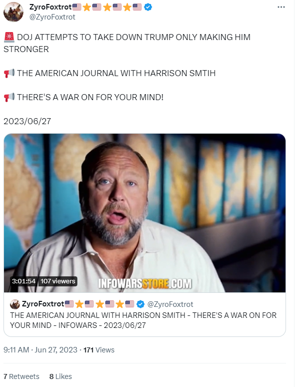 Twitter user reposting entire Infowars show
