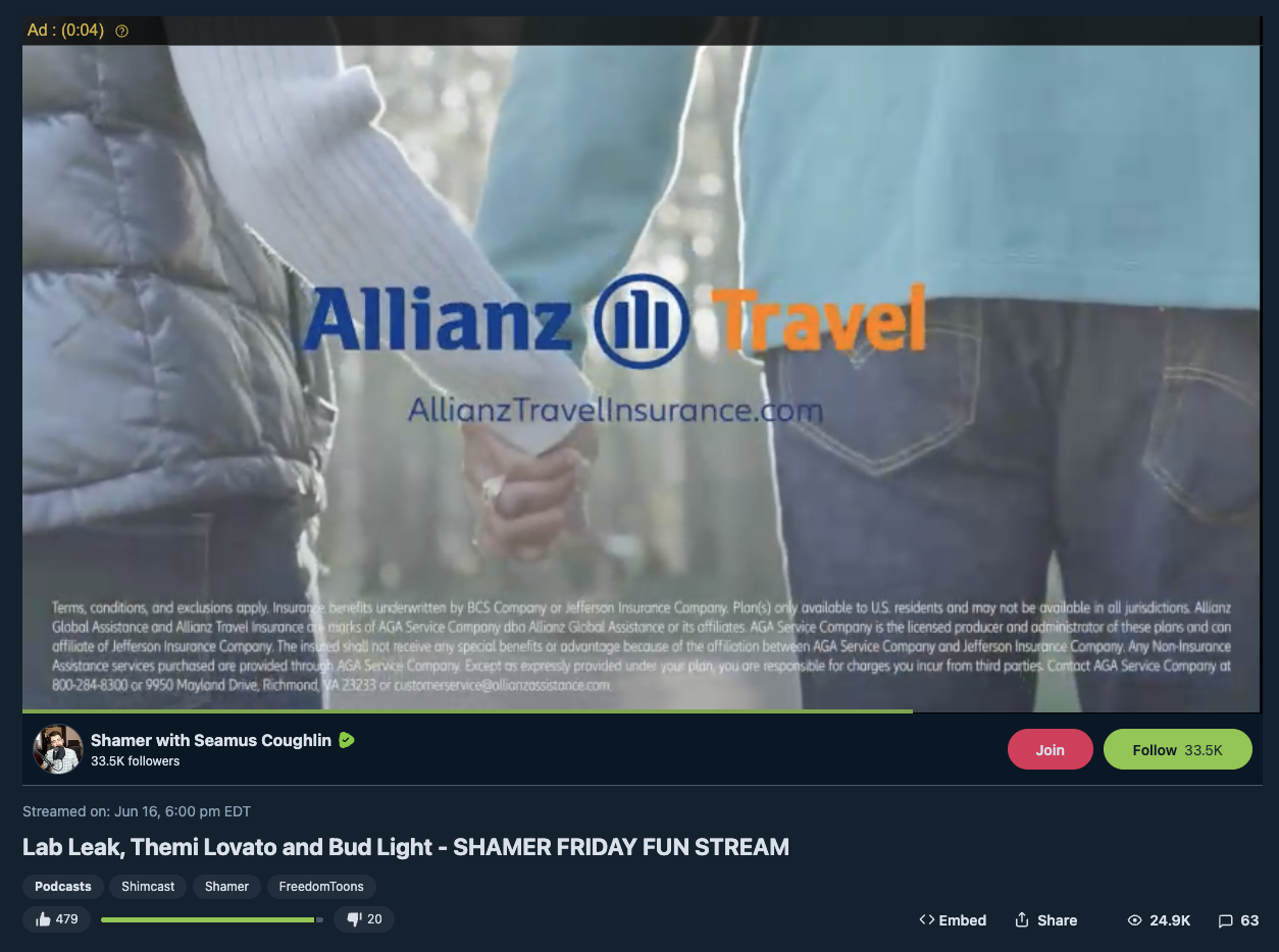 Allianz ad on anti-LGBTQ Seamus Coughlin Rumble video
