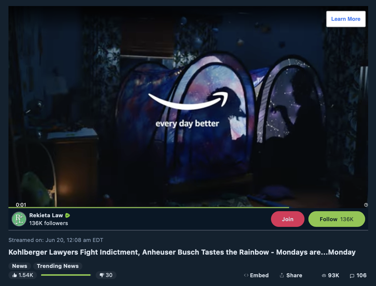 Amazon ad on anti-LGBTQ Rekieta Law Rumble video