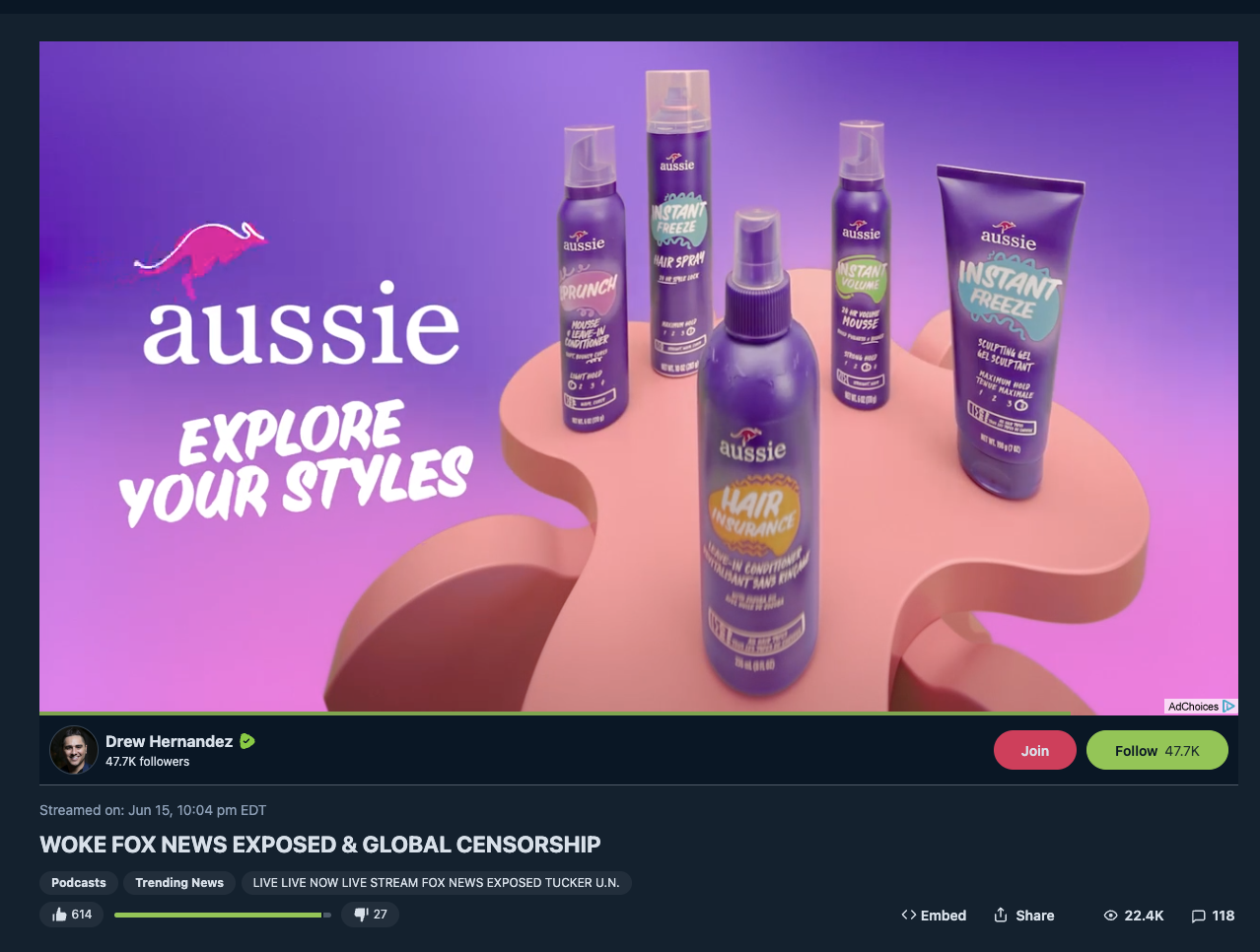 Aussie ad on anti-LGBTQ Drew Hernandez Rumble video