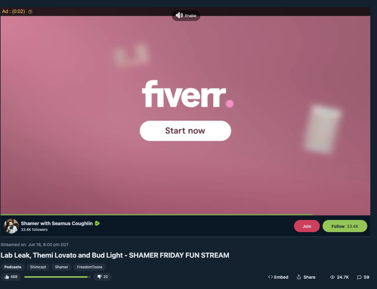 Fiverr ad on anti-LGBTQ Seamus Coughlin Rumble video