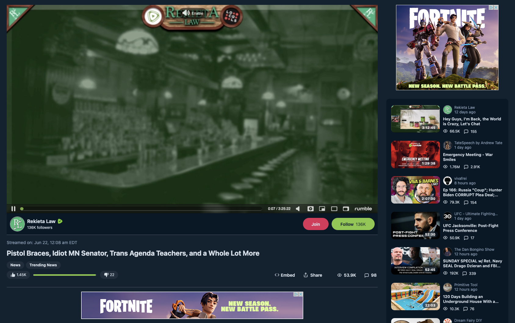 Fortnite ad on anti-LGBTQ Rekieta Law Rumble video