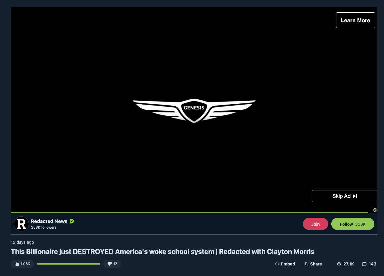 Genesis ad on anti-LGBTQ Redacted News Rumble video