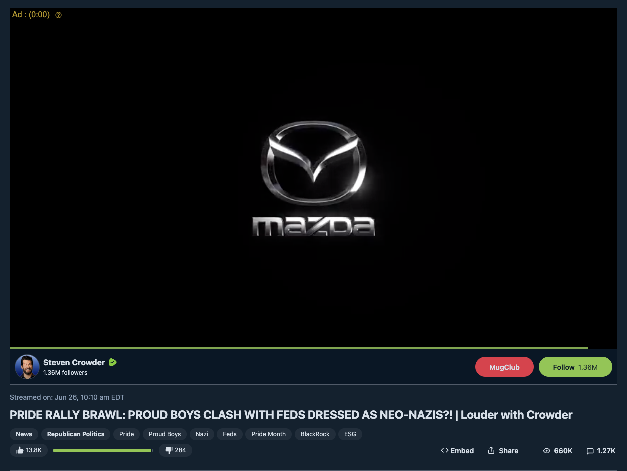 Mazda ad on anti-LGBTQ Steven Crowder Rumble video