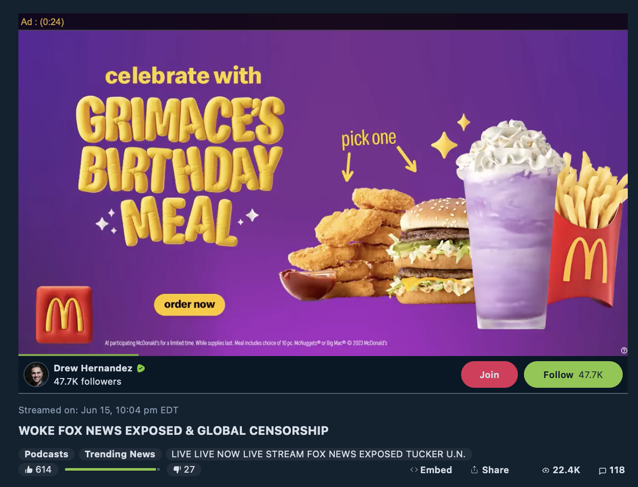 McDonalds ad on anti-LGBTQ Drew Hernandez Rumble video