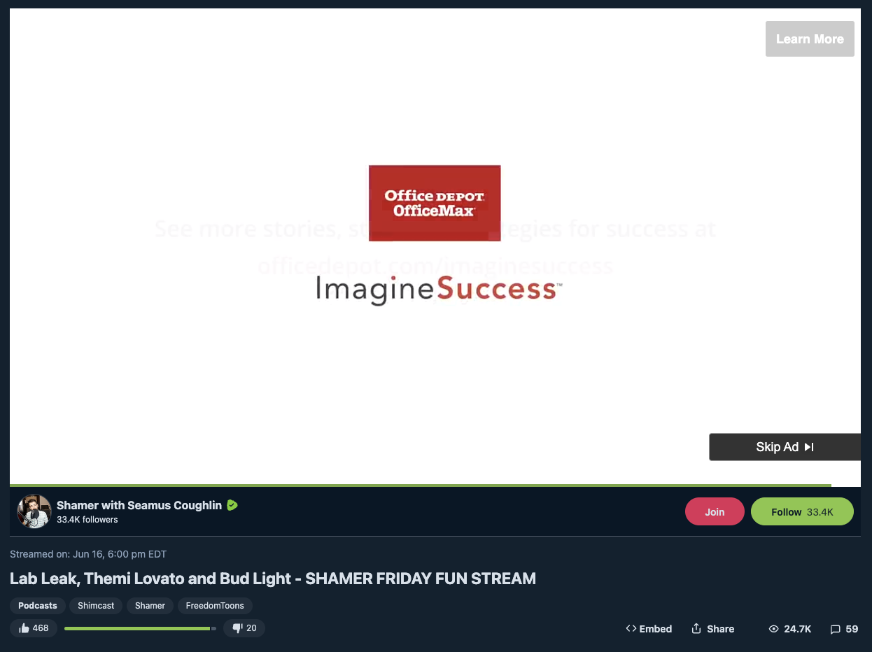 Office Depot ad on anti-LGBTQ Seamus Coughlin Rumble video
