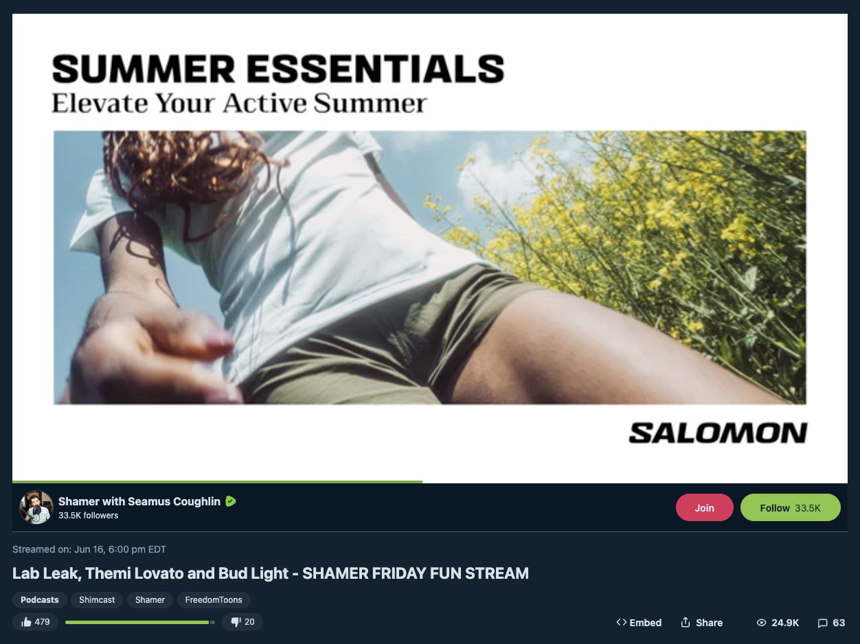 Salomon ad on anti-LGBTQ Seamus Coughlin Rumble video