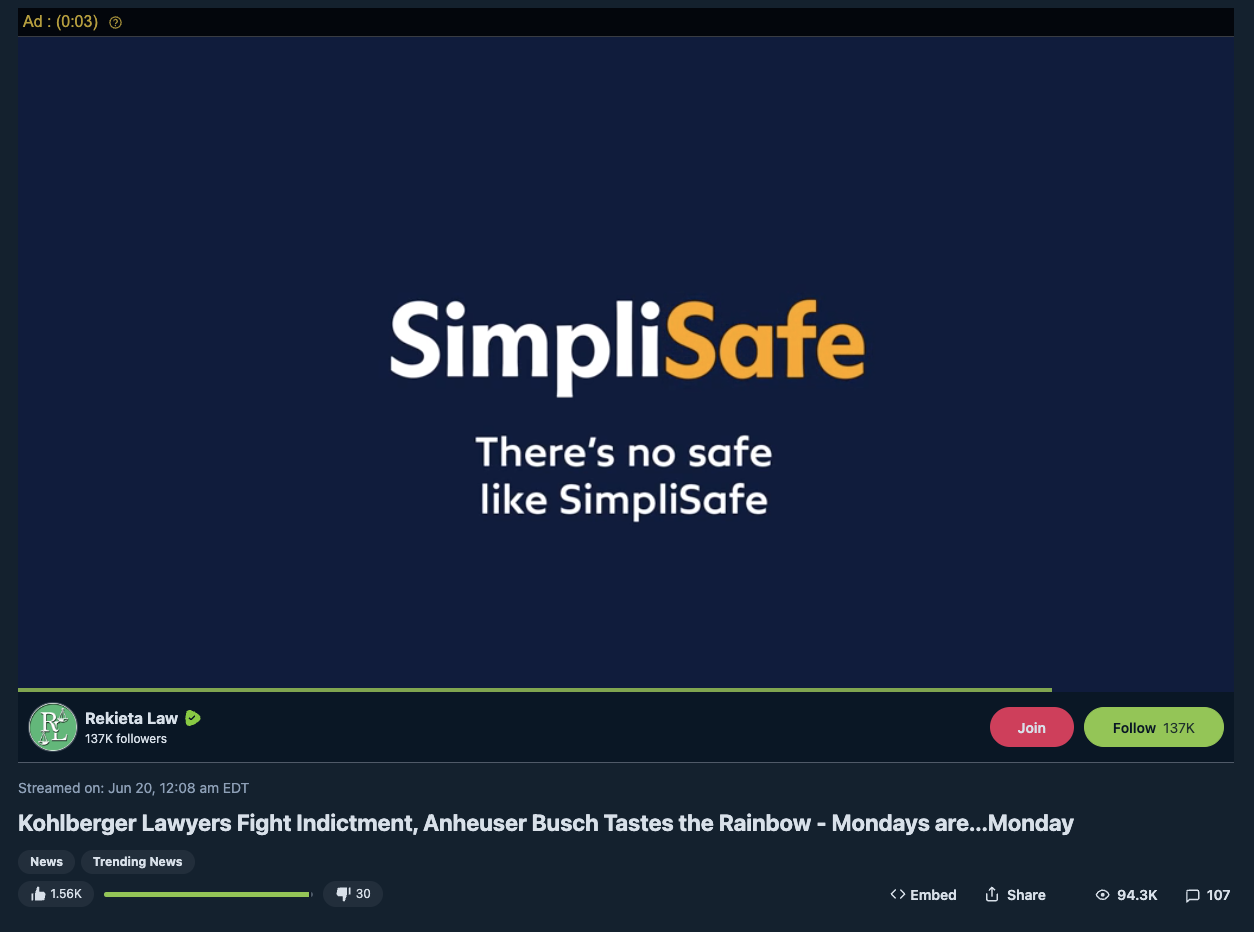 SimpliSafe ad on anti-LGBTQ Rekieta Law Rumble video