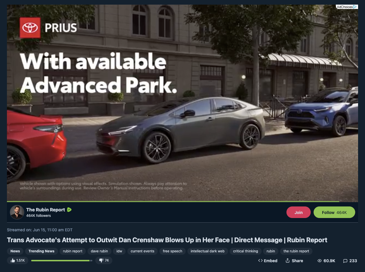 Toyota ad on anti-LGBTQ Dave Rubin Rumble video