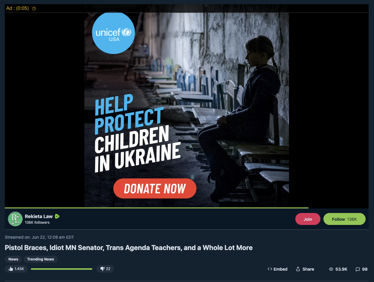 UNICEF ad on anti-LGBTQ Rekieta Law Rumble video