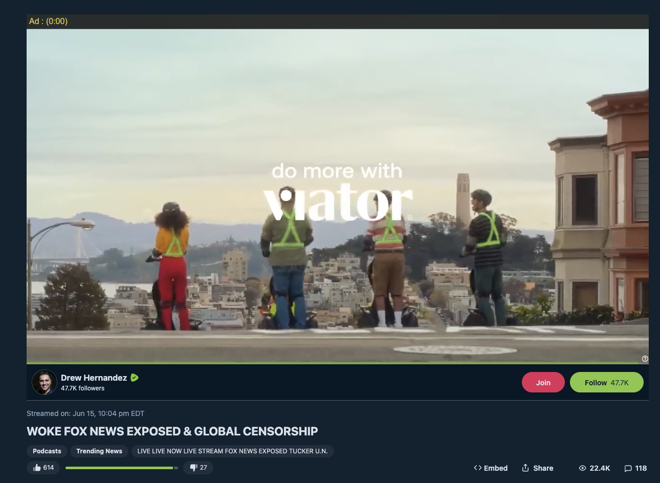 Viator ad on anti-LGBTQ Drew Hernandez Rumble video