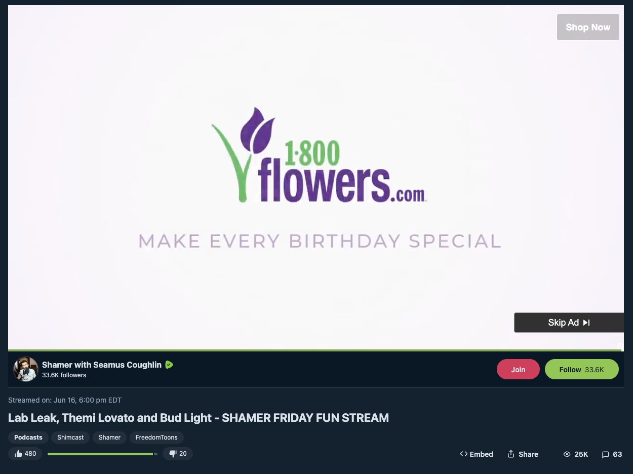 1800 Flowers ad on anti-LGBTQ Seamus Coughlin Rumble video