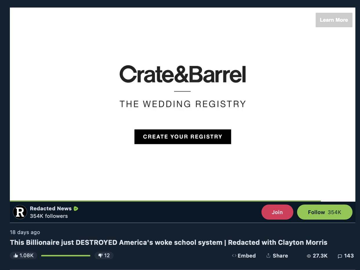 Crate&Barrel ad on anti-LGBTQ Redacted News Rumble video