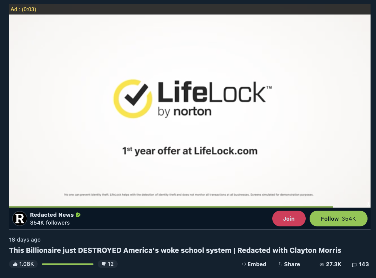 Norton ad on anti-LGBTQ Redacted News Rumble video