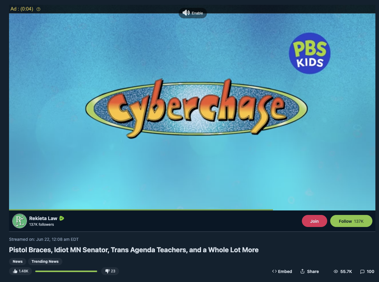 PBS Kids ad on anti-LGBTQ Rekieta Law Rumble video