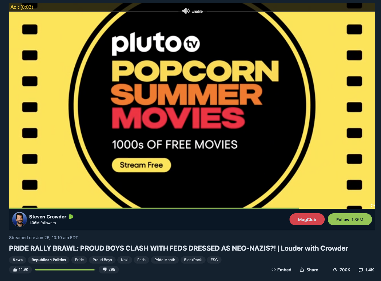PlutoTV ad on anti-LGBTQ Crowder Rumble video