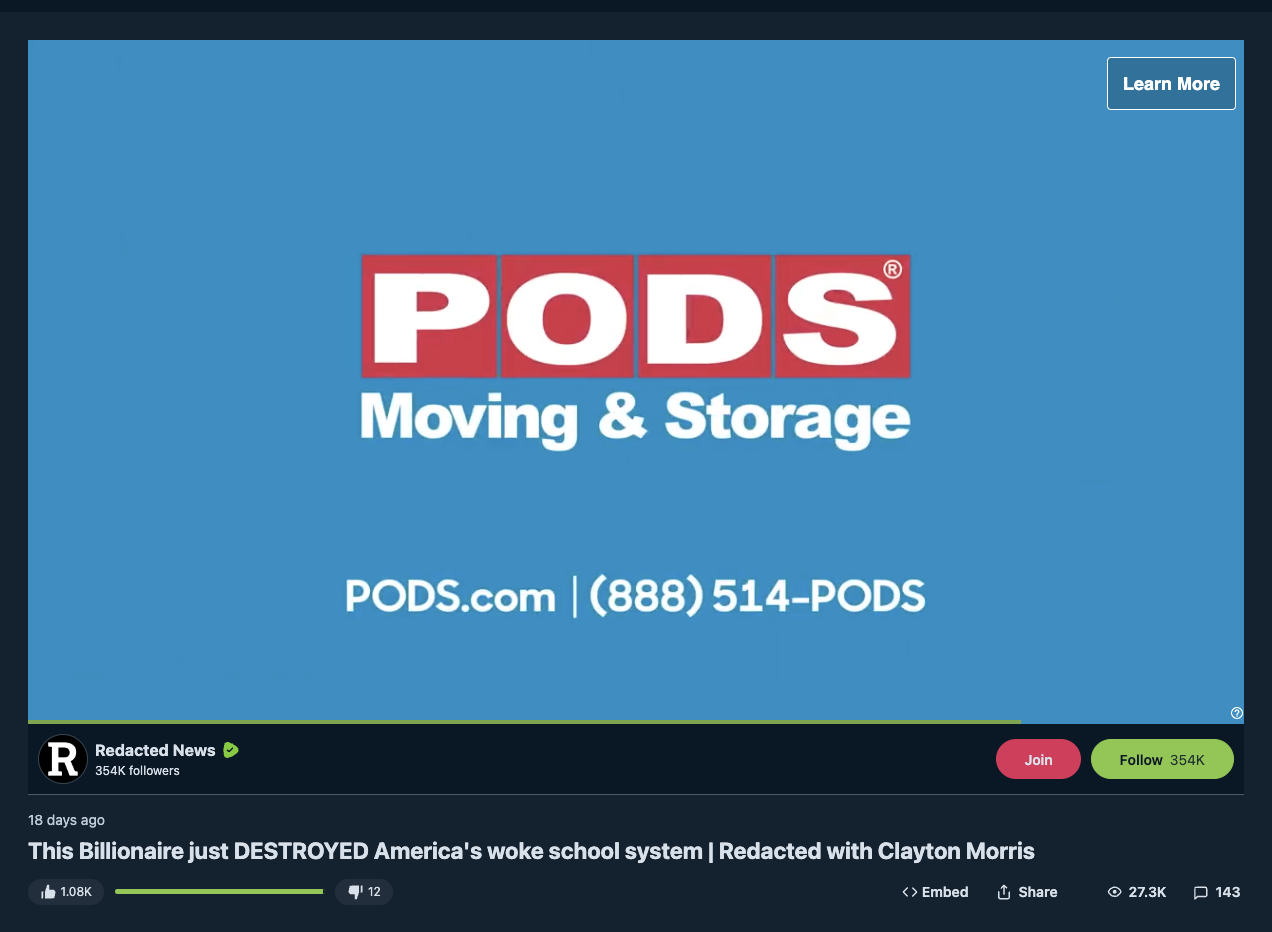 Pods ad on anti-LGBTQ Redacted News Rumble video
