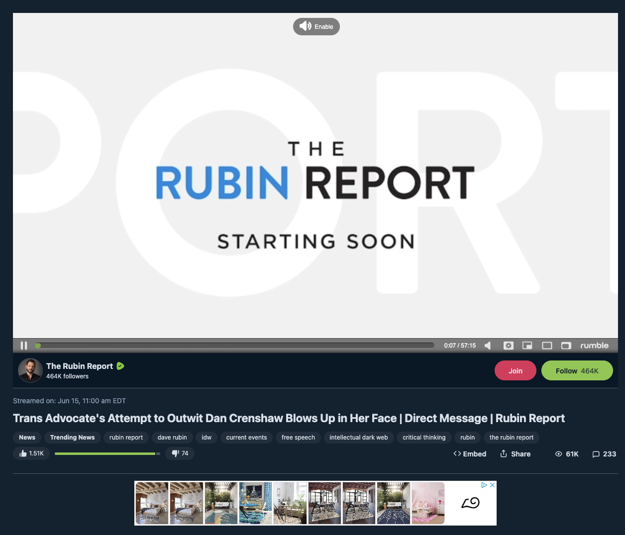 Ruggable ad on anti-LGBTQ Dave Rubin Rumble video
