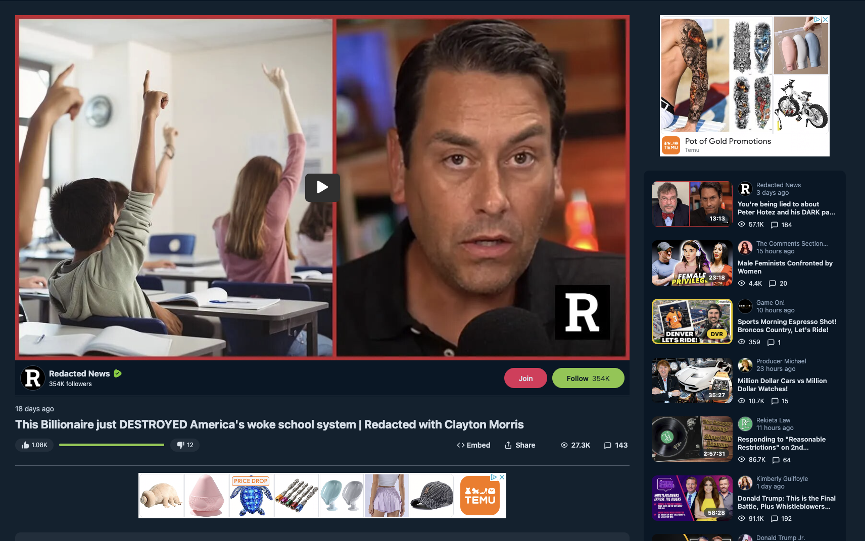 Temu ad on anti-LGBTQ Redacted News Rumble video