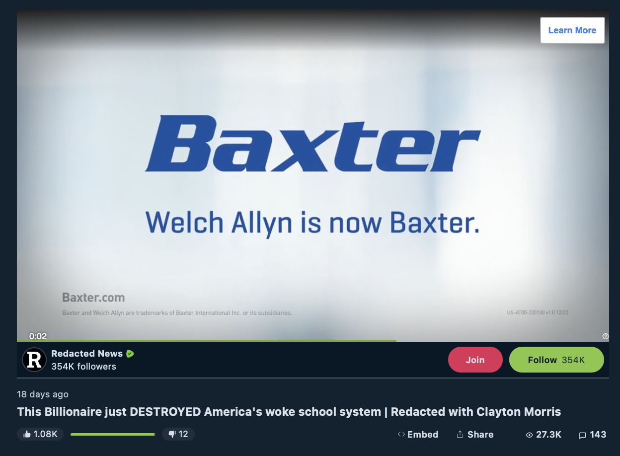 Welch Allyn ad on anti-LGBTQ Redacted News Rumble video