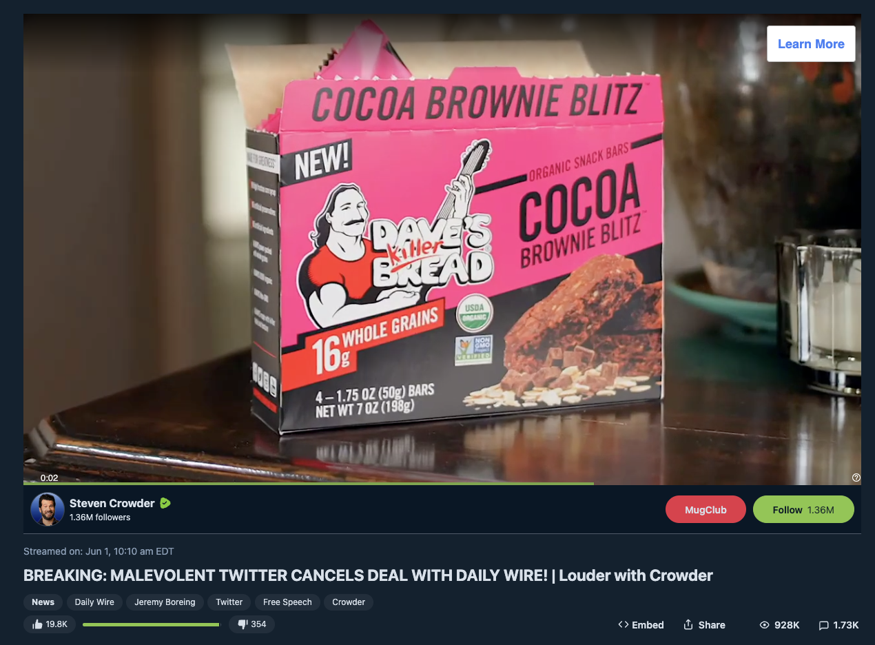 Dave's Killer Bread ad on Steven Crowder anti-LGBTQ video