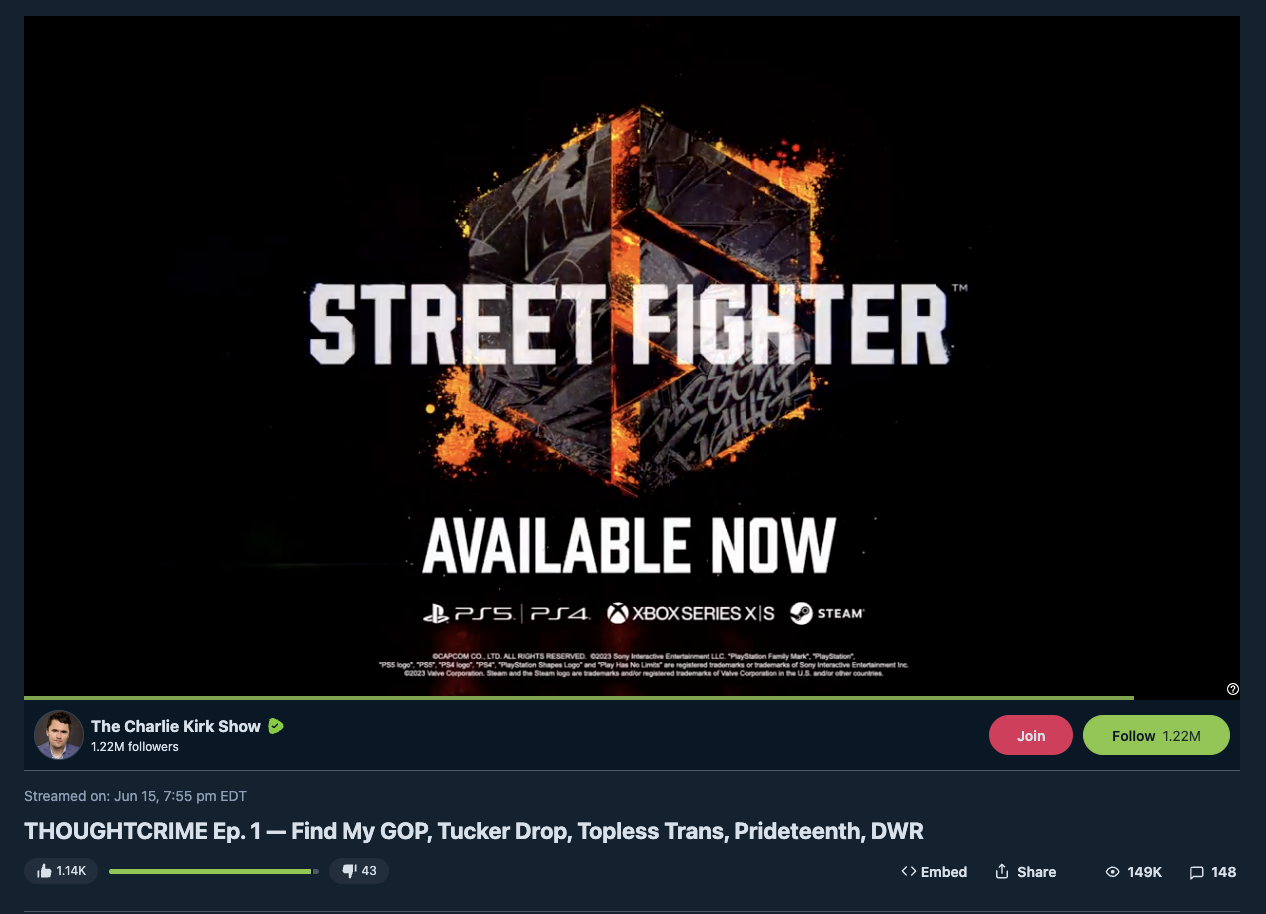 Street Fighter 6 ad on anti-lgbtq kirk rumble video