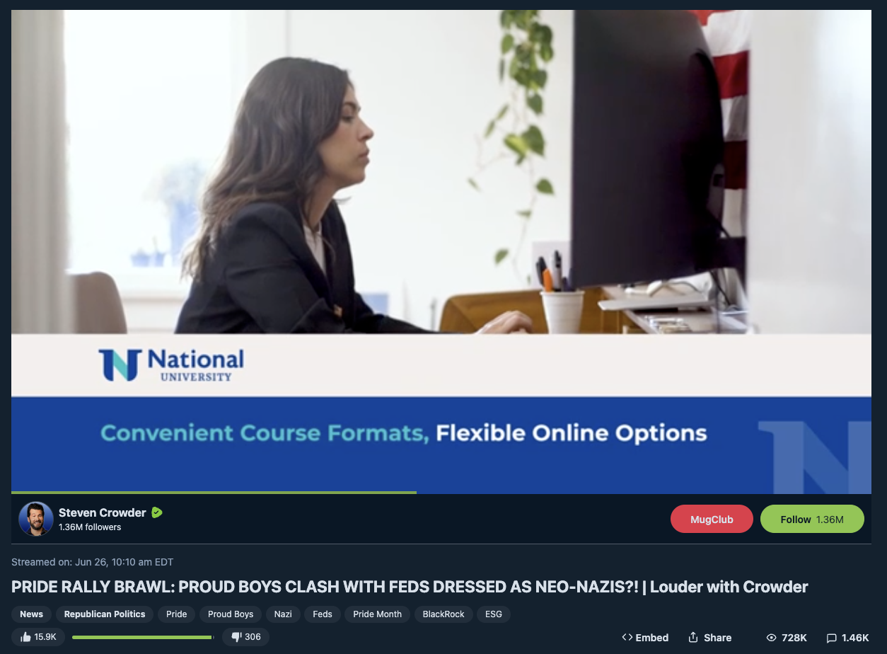 National University ad on anti-lgbtq crowder rumble video
