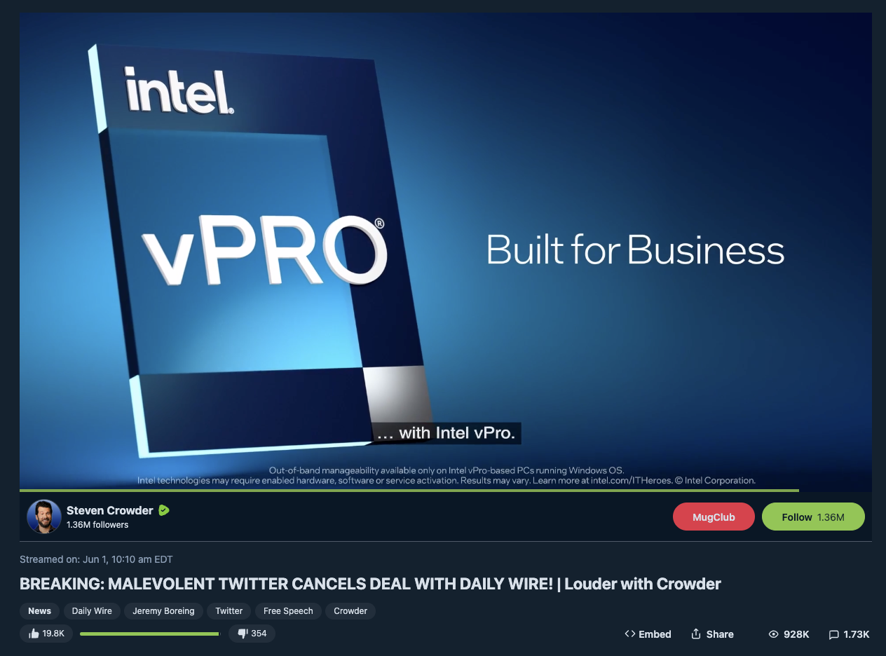 Intel ad on Crowder anti-LGBTQ video