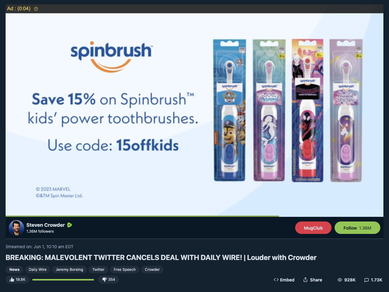 Spinbrush ad on anti-LGBTQ Crowder Rumble video