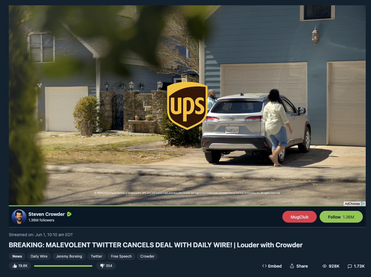 UPS ad on anti-lgbtq crowder rumble video