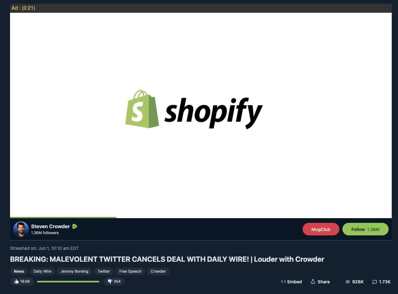 Shopify ad on anti-lgbtq crowder rumble video