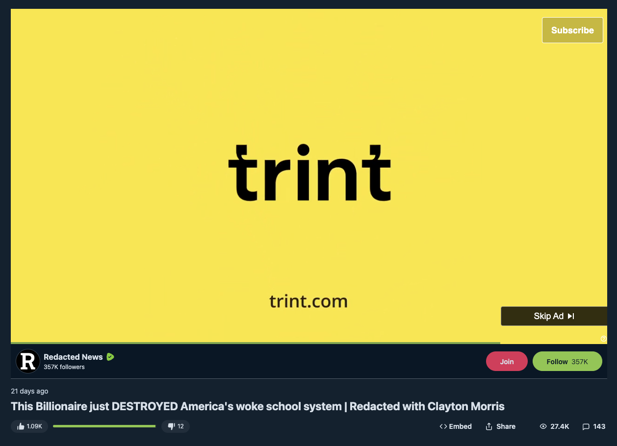 Trint ad on Redacted anti-lgbtq rumble video