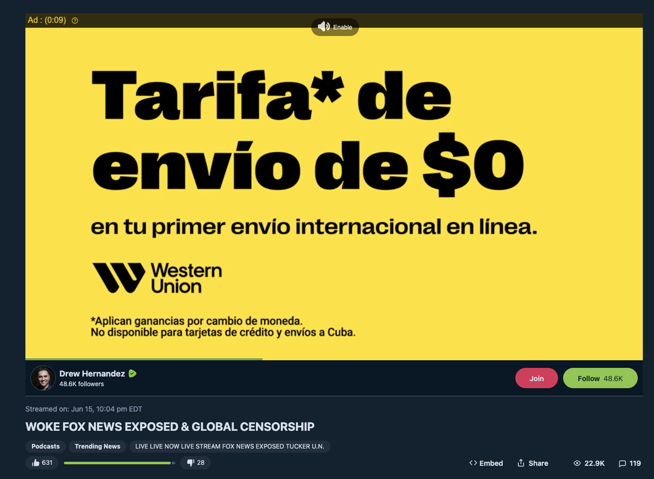 WesternUnion ad on anti-lgbtq hernandez rumble video