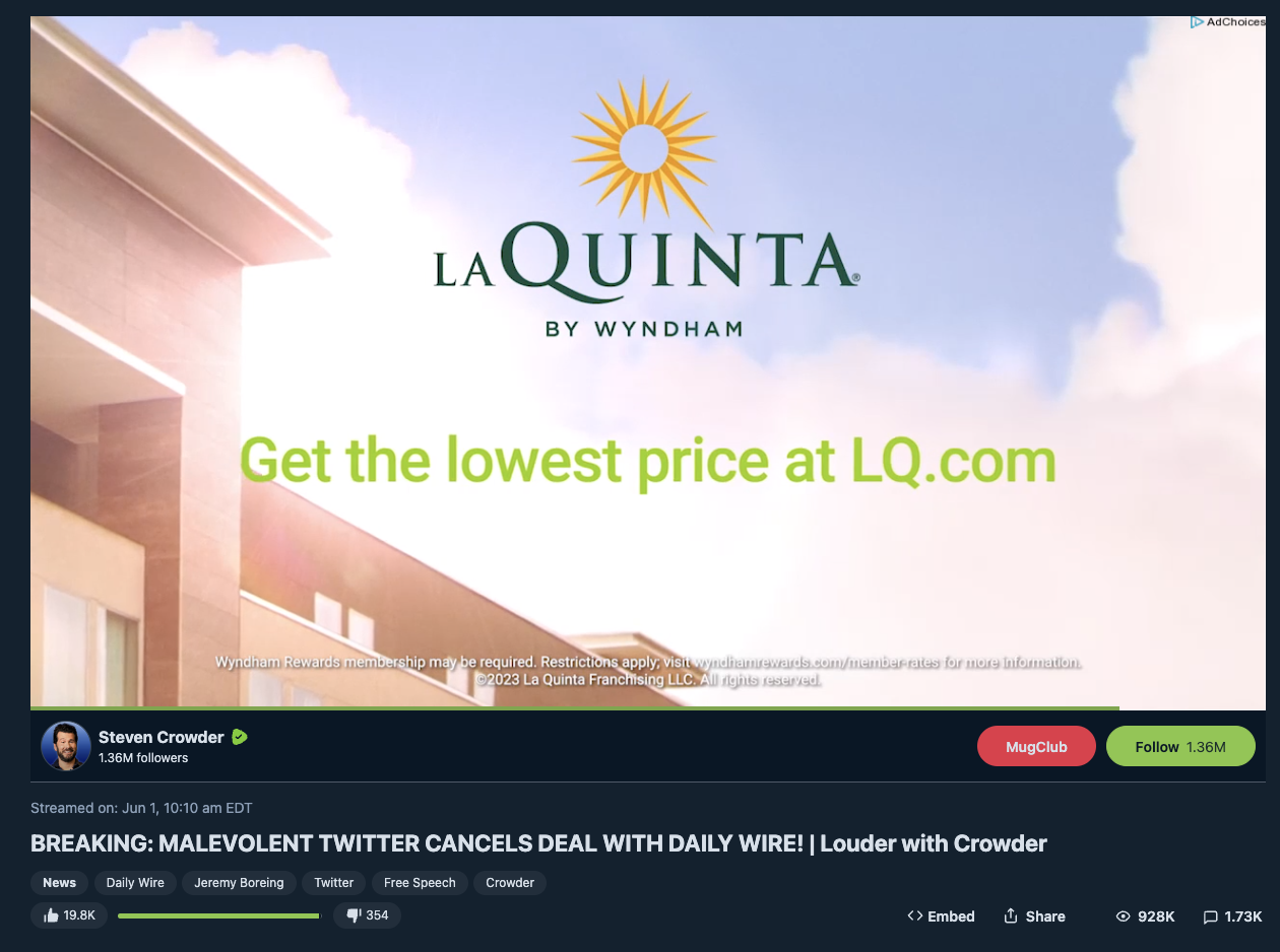 Wyndham ad on anti-LGBTQ crowder Rumble video