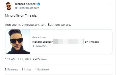 A screenshot of a tweet from Richard Spencer 