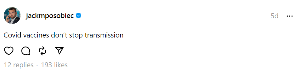 Posobiec Covid vaccines don’t stop transmission thread