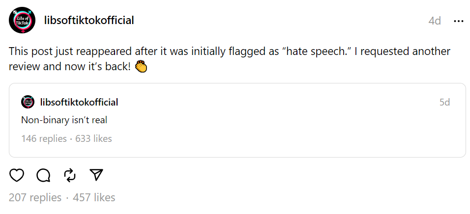 Libs of TikTok threads post reinstated