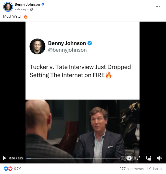 Benny Johnson Tate Interview FB Post
