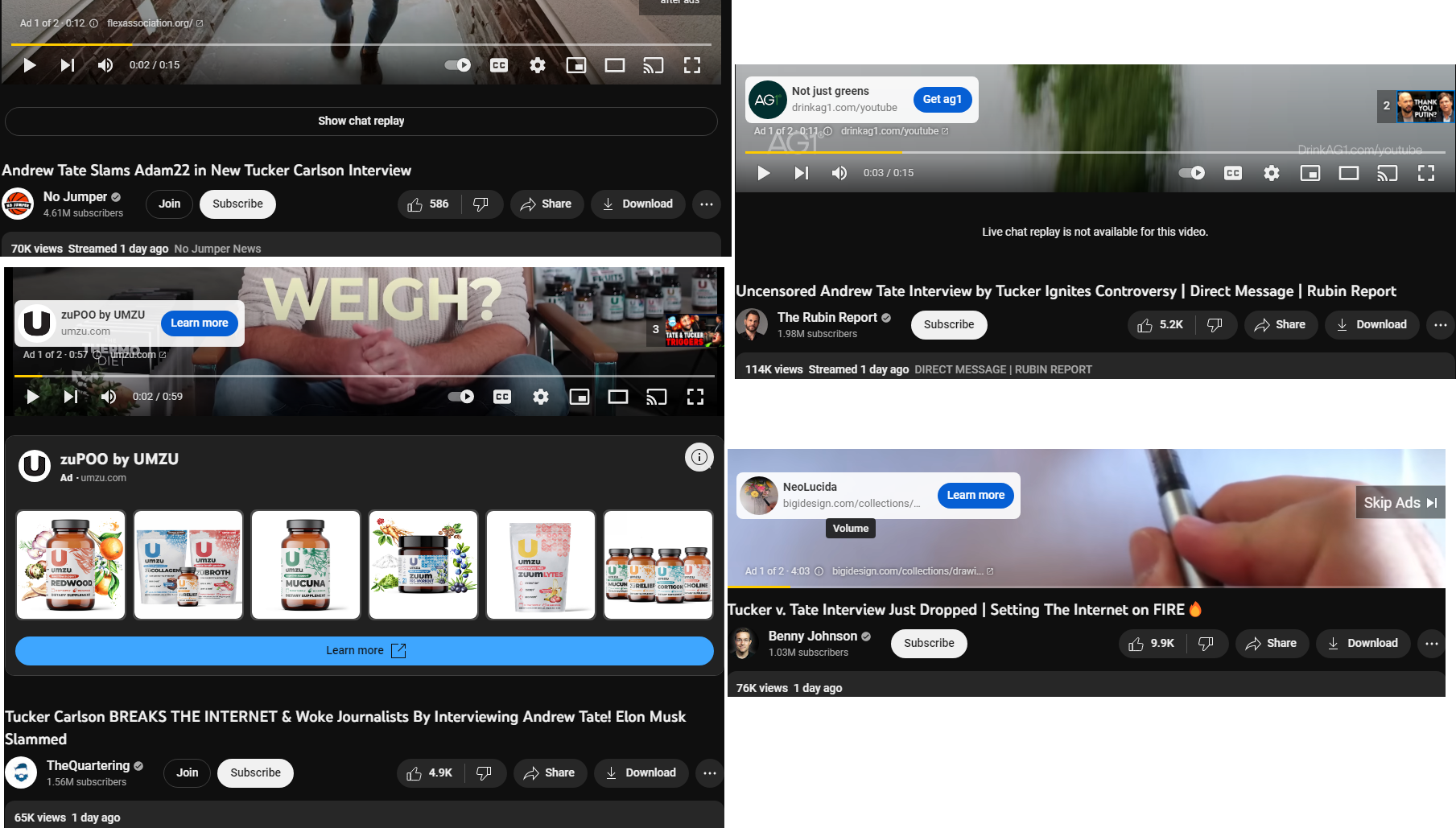  Monetized videos featuring Andrew Tate's interview w/ Tucker Carlson