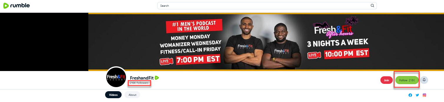 A screenshot showing Fresh & Fit's Rumble followers